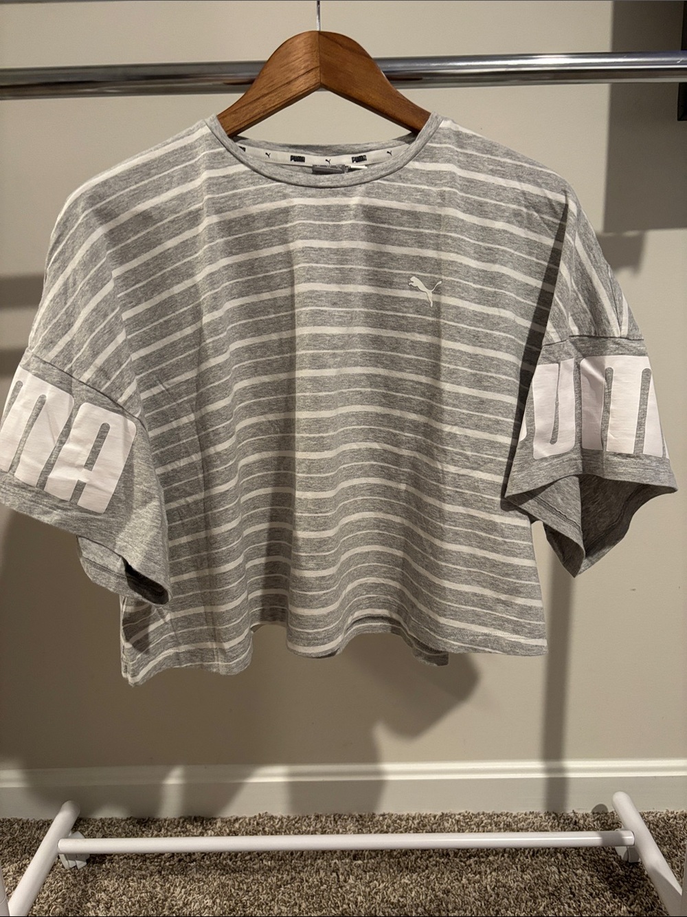 Puma Gray & White Striped Cropped Tee